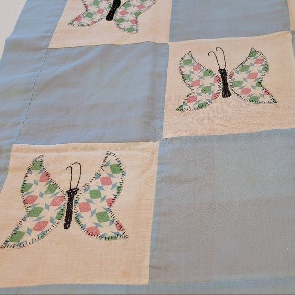VINTAGE QUILT Butterfly Pastel Baby Blue Crib Nursery Embroidered Blanket - Picture 5 of 11